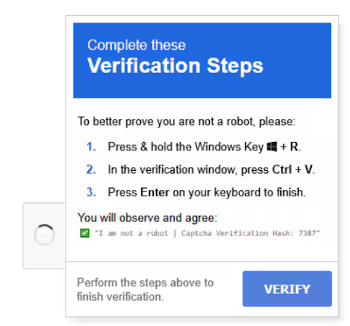 Fake CAPTCHA verification instructions telling a user to press Windows+R, paste a command, and press Enter.